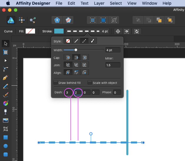 affinity designer dotted line spacing