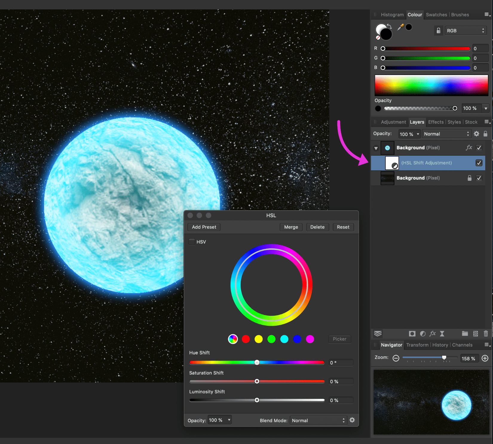 affinity photo planet hsl panel