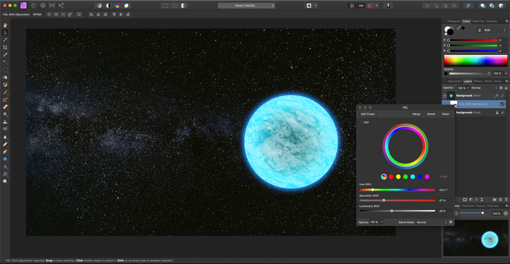 affinity photo planet hsl apply
